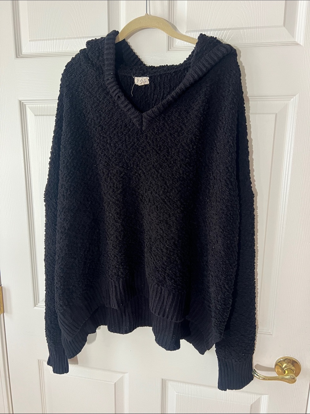 POL Black Textured V-Neck Hooded Sweater, Sz 3X